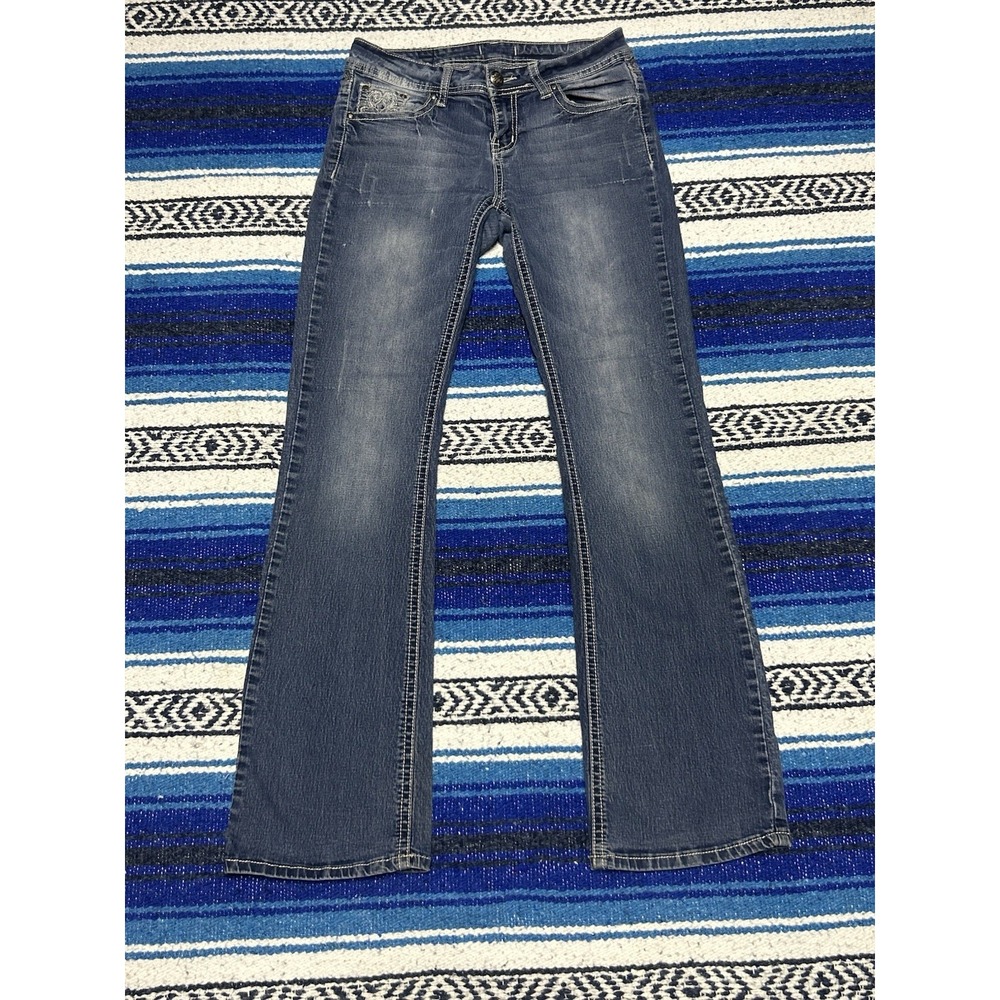 Y2K Sound Girl Womens Size 7 Bootcut Jeans Embellished Rhinestone Flap Pocket